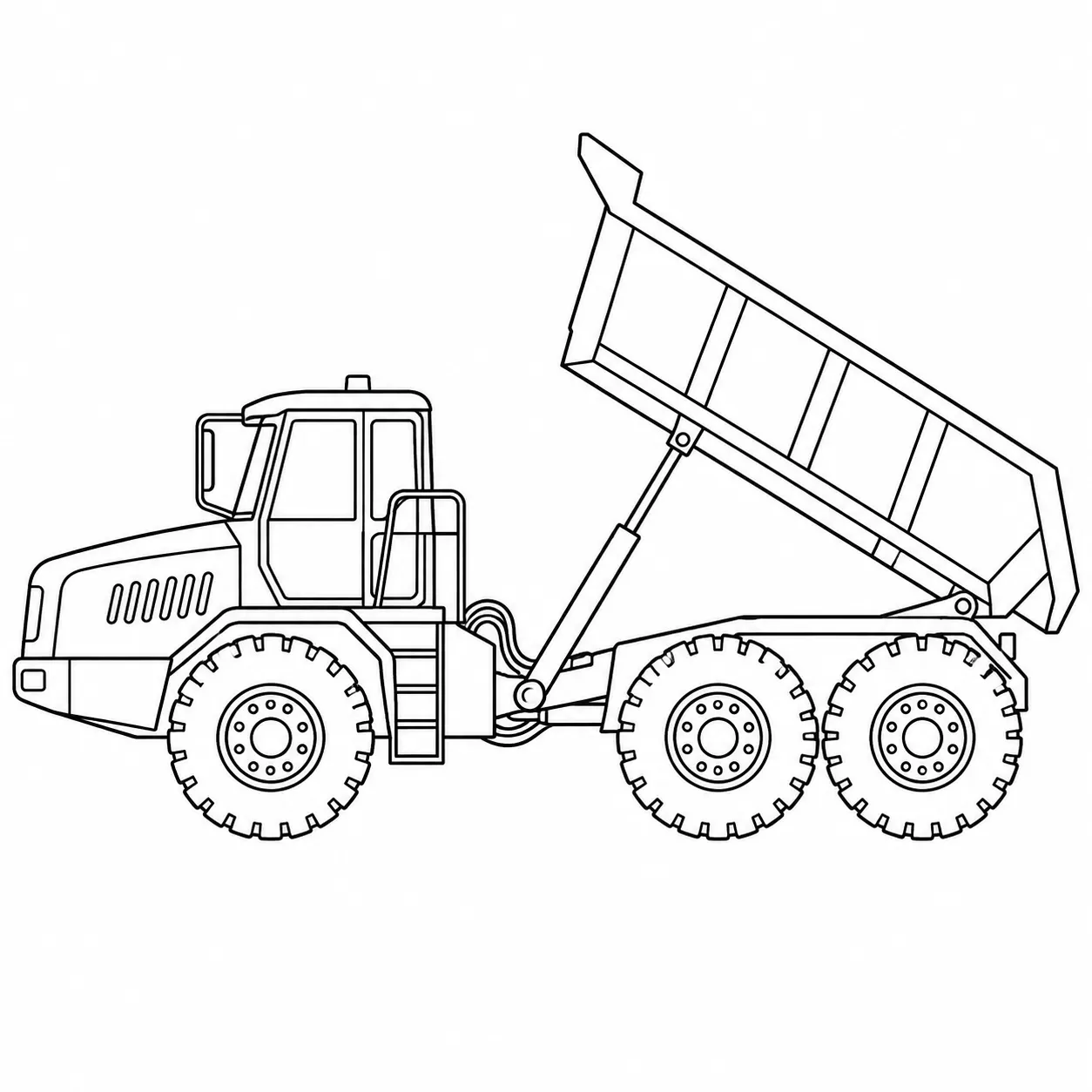 Line drawing of an articulated dump truck with a raised tipping bed