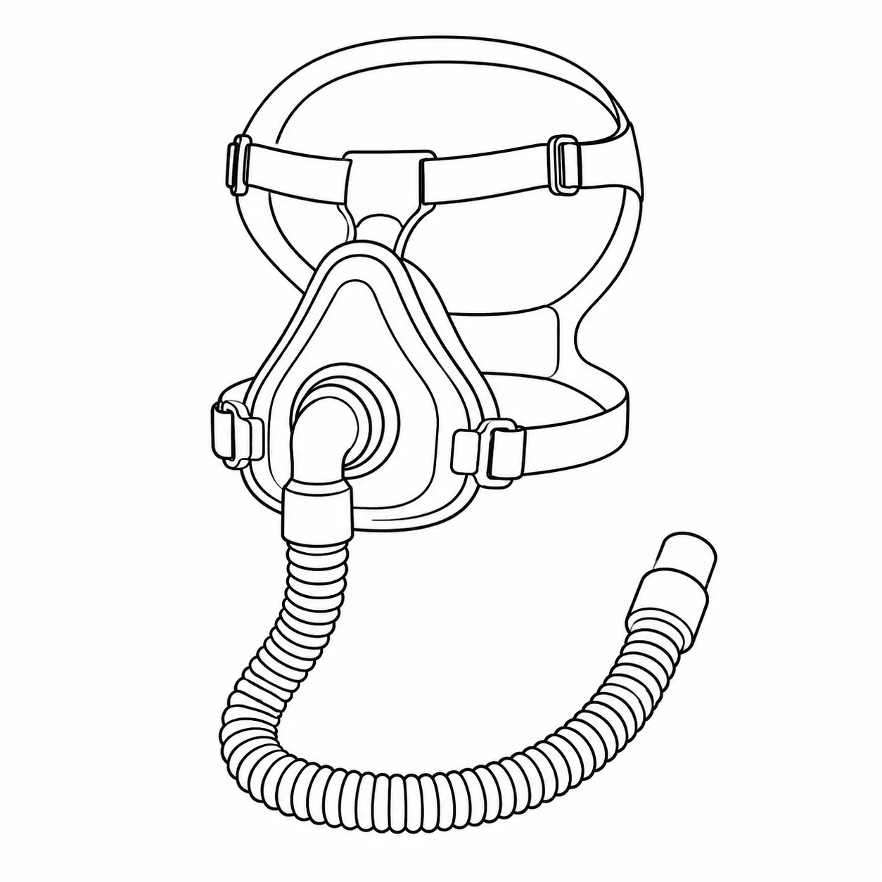 Line drawing of a respiratory face mask with a corrugated breathing tube
