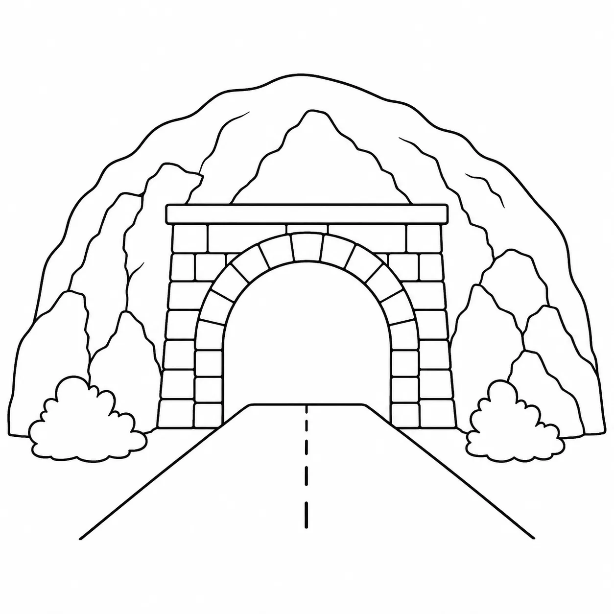 Line drawing of a road tunnel entrance in a rocky hillside