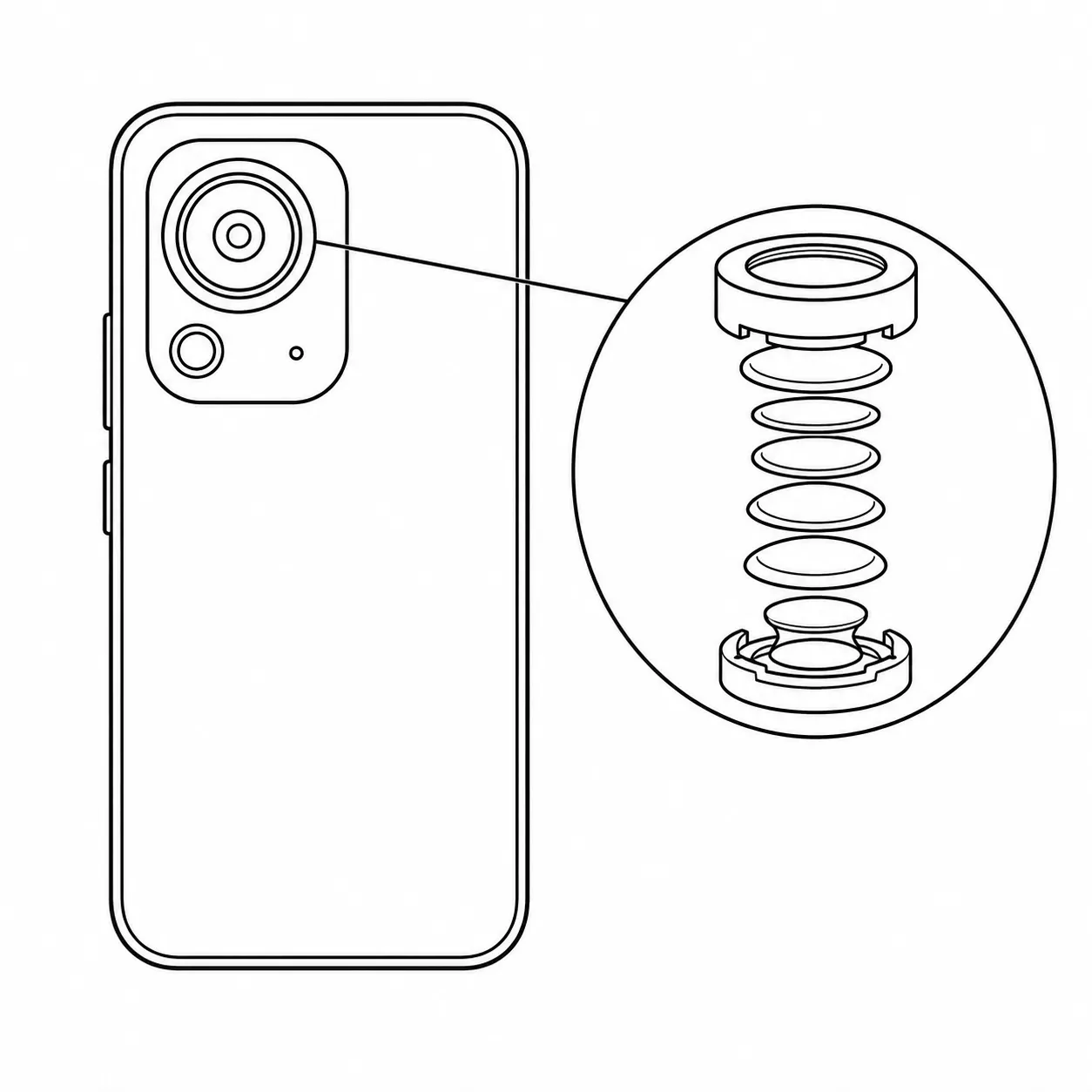 Line drawing of a smartphone camera with a magnified lens-stack detail
