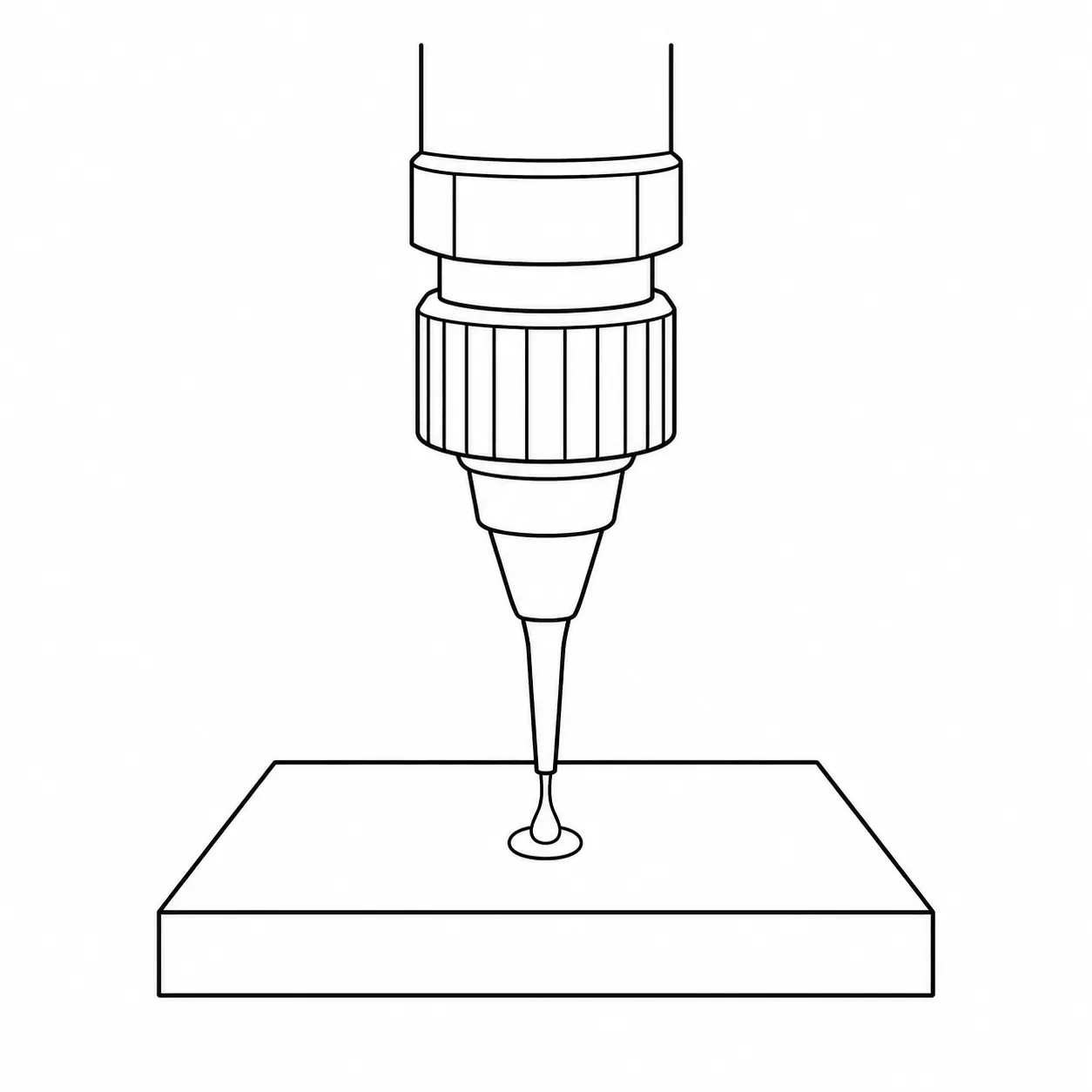 Line drawing of a dispensing nozzle applying a single drop onto a workpiece