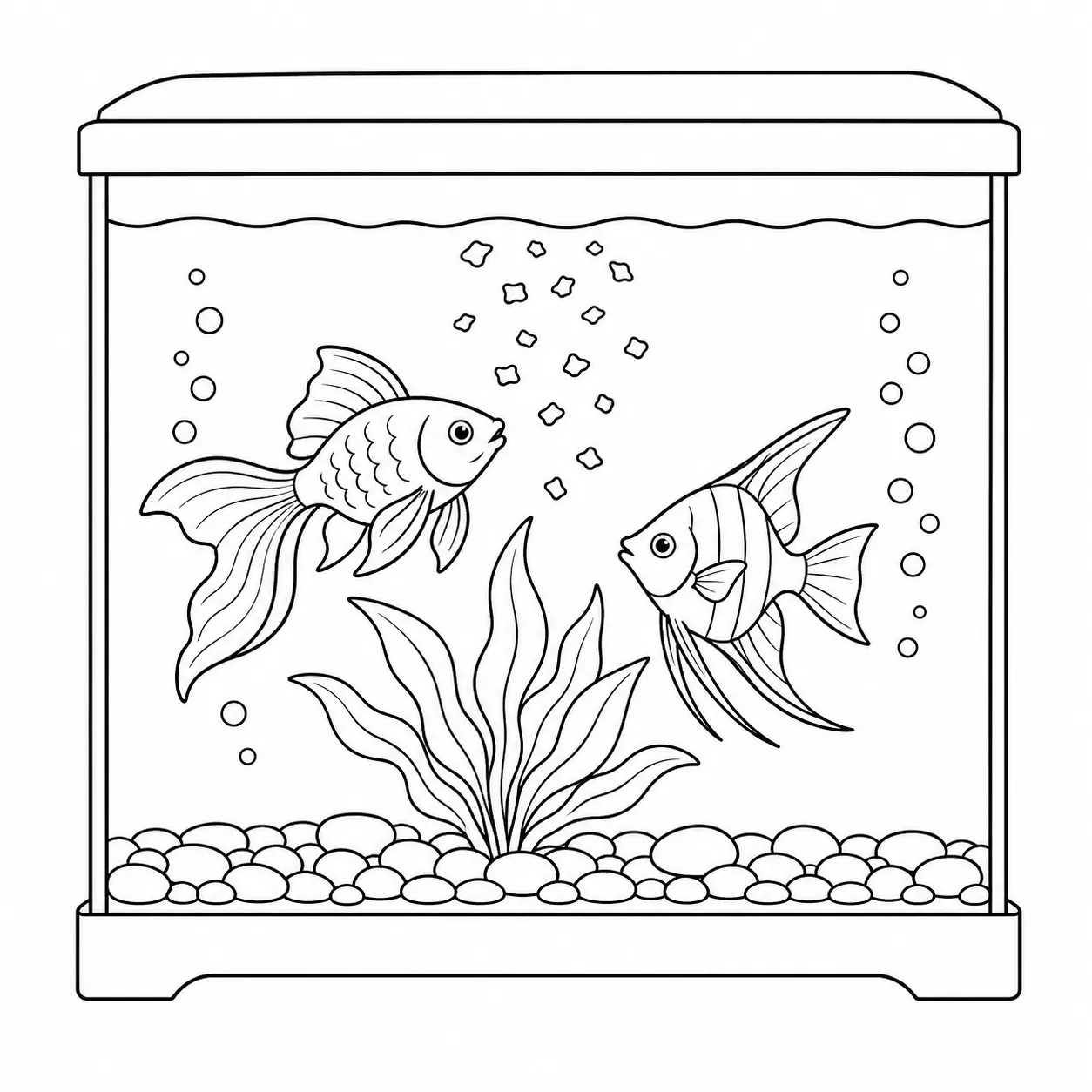 Line drawing of an aquarium with two ornamental fish and food flakes
